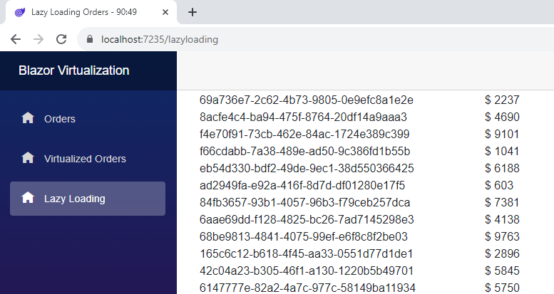 A website with order items with an id and an amount. In the page title the startIndex and count is displayed to demonstrate the lazy-loading effect. Showing 90:49.
