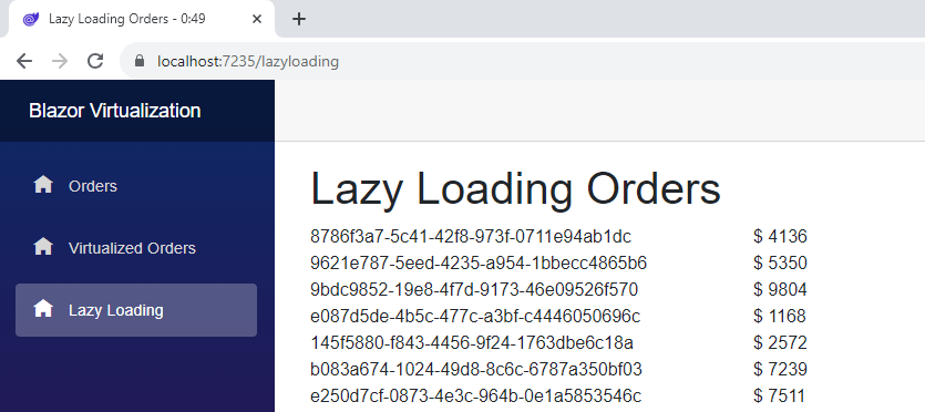 A website with order items with an id and an amount. In the page title the startIndex and count is displayed to demonstrate the lazy-loading effect. Showing 0:49.