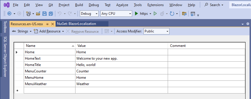 Visual Studio with the English resources file opened.