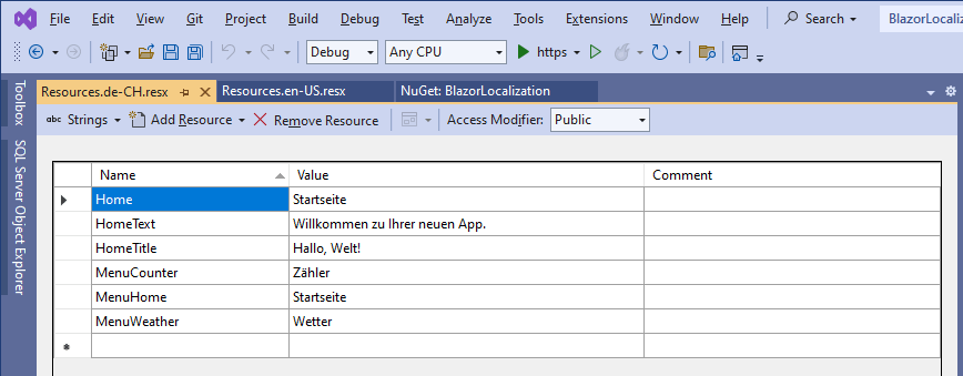 Visual Studio with the German resources file opened.