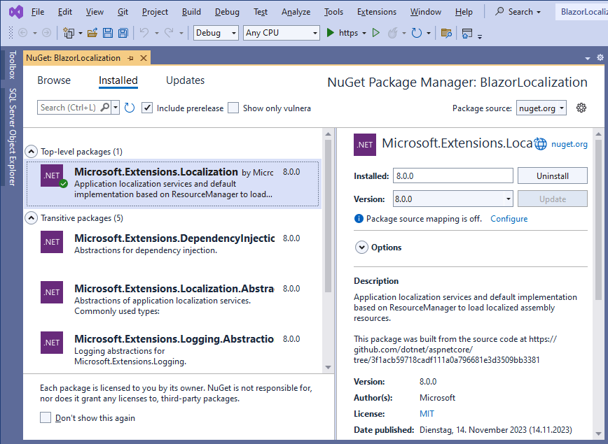 The Nuget Package Explorer with the Microsoft.Extensions.Localizations package installed and selected.