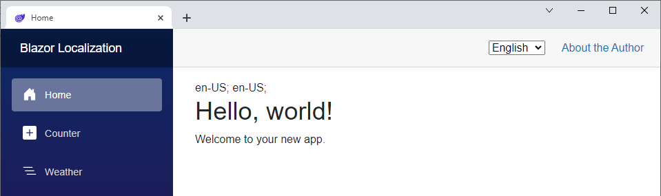 A Blazor application with a culture selector on the top right where you can select one of the supported languages. The content on the page and the menu is rendered in the selected langauge - English.