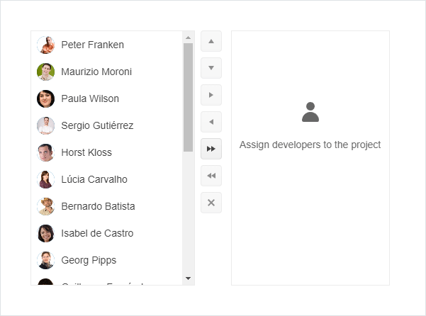 List of employees includes a small profile picture with each name, able to be moved to the developer list