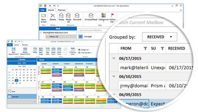 Mail and calendar windows, with sortable results grouped by fields of your choice