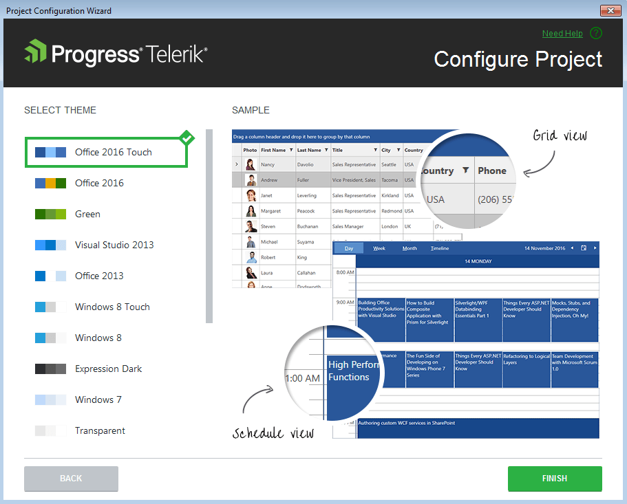 Progress Configuration Wizard showing options for project themes