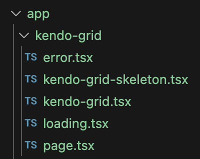 Under app and kendo-grid are error.tsx, kendo-grid-skeleton.tsx, kendo-grid.tsx, loading.tsx, page.tsx