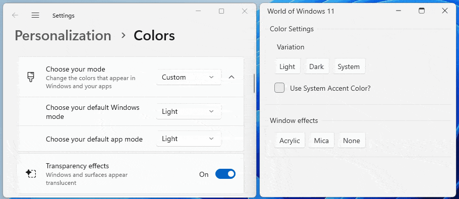 User explores the settings for Personalization - Colors. Choose your mode, default Windows mode light or dark, default app more light or dark
