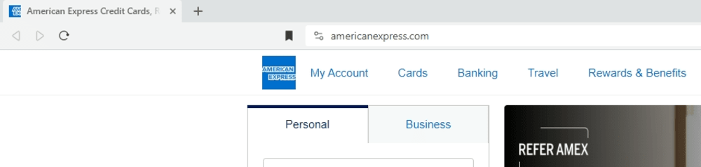 The American Express favicon is a cutout of the full logo. We see the blue background and the letters “AM” at the top and “EX” at the bottom.