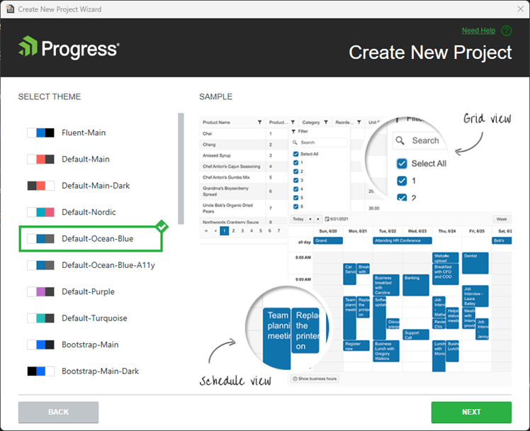 Create New Project option for selecting a theme with default-ocean-blue picked