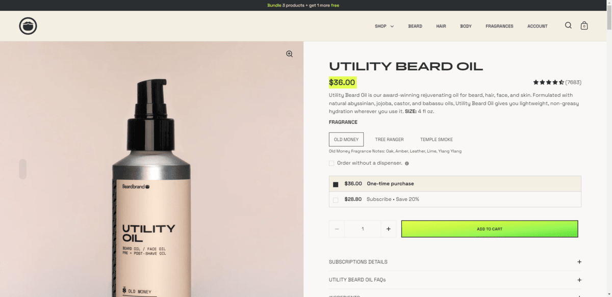 On the Utility Beard Oil product page on the Beardbrand Barbershop site, we see two price options offered. $36.00 is for a one-time purchase of the product. $28.80 is a 20% savings offered to those who subscribe.