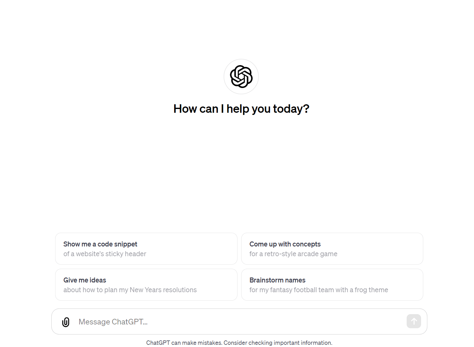 chatgpt asks How can I help you today? with some starter options including show me a code snippet, come up with concepts, etc. and a field to Message ChatGPT