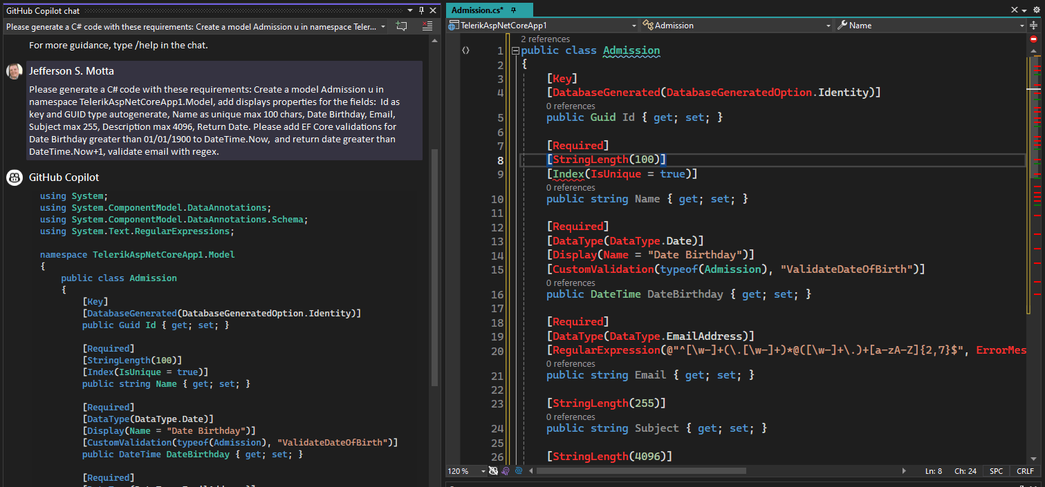 Copilot window with prompt and window with code