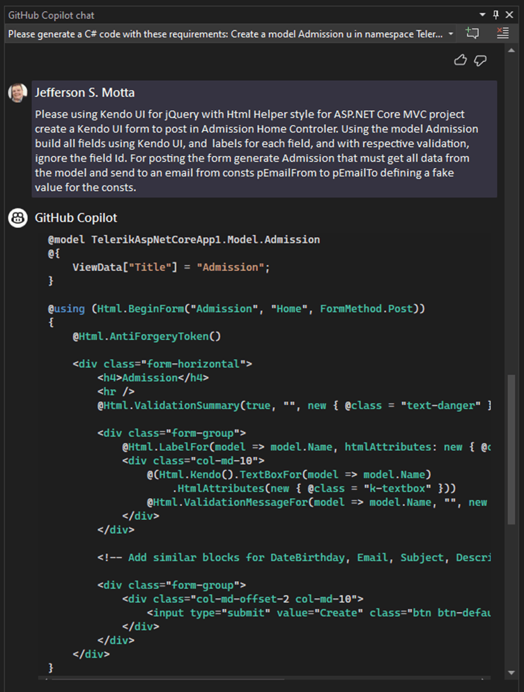 Copilot prompt and code