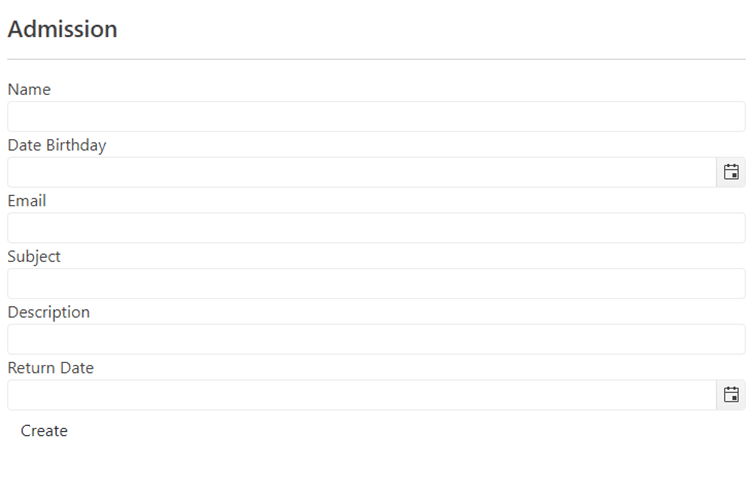 Admission form with fields for name, birthdate, email, subject, description, return date, create button