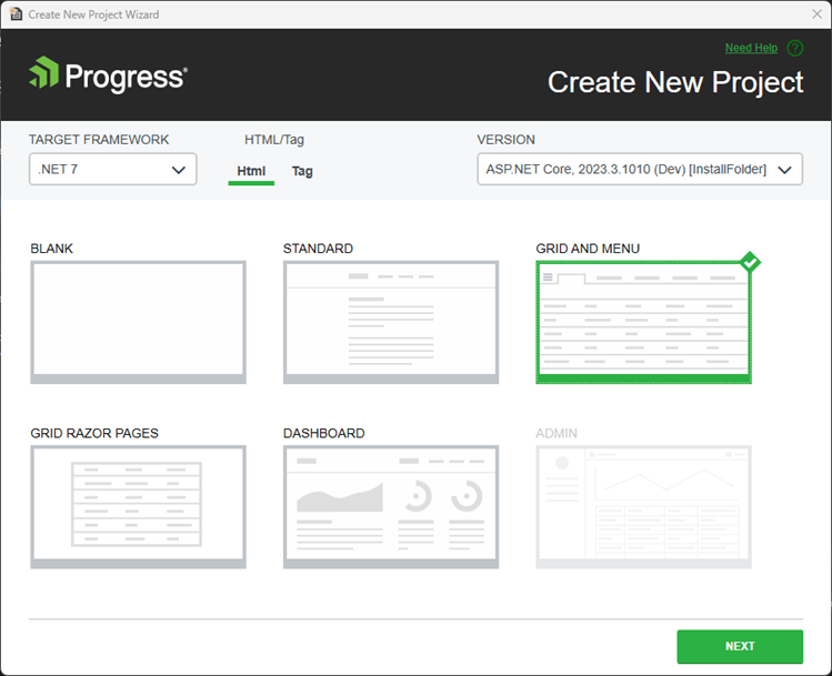 HTML, target framework grid and menu