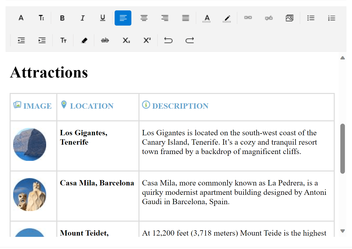 Inside a WYSIWYG editor is a table of attractions, with images, locations, descriptions, and stylized text