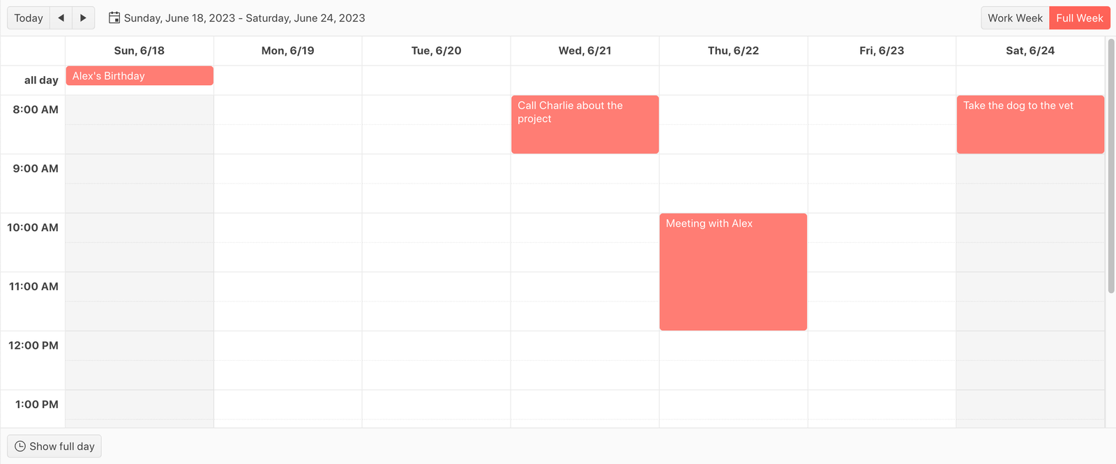A schedule view of the calendar week June 18-24, 2023, with appointments of varying lengths, including all day, in a pink color