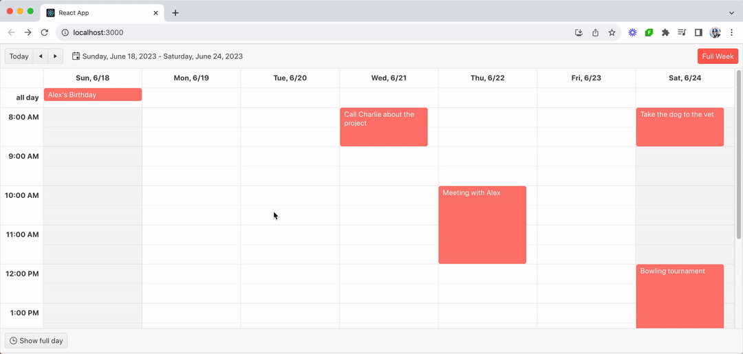 User clicks in the calendar and an event pop-up opens with fields for title, start, end, repeat, description