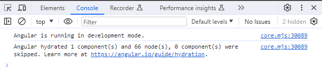 Angular is running in development mode. Angular hydrated 1 component and 66 nodes, 0 components were skipped.