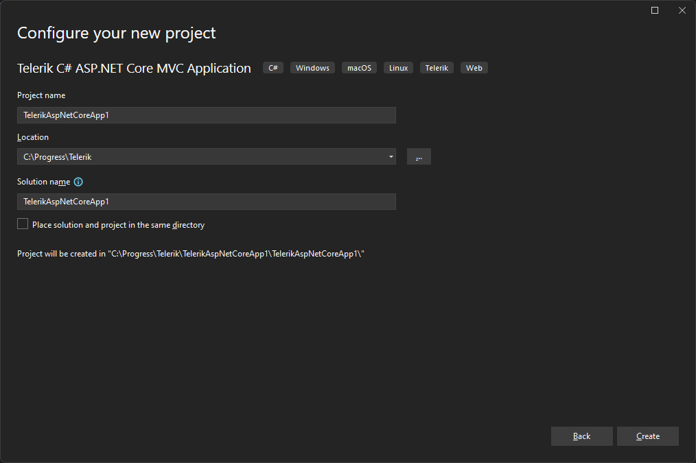 Configure your new project, with fields for project name, location, solution name