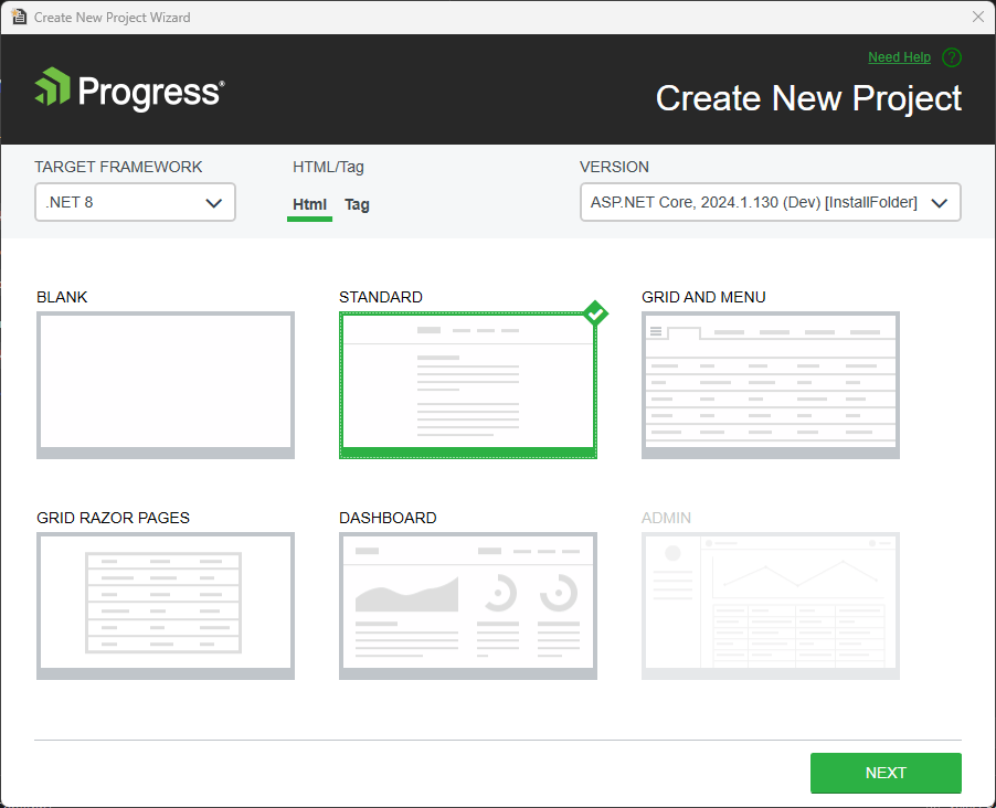 Create New Project with templates - standard is selected