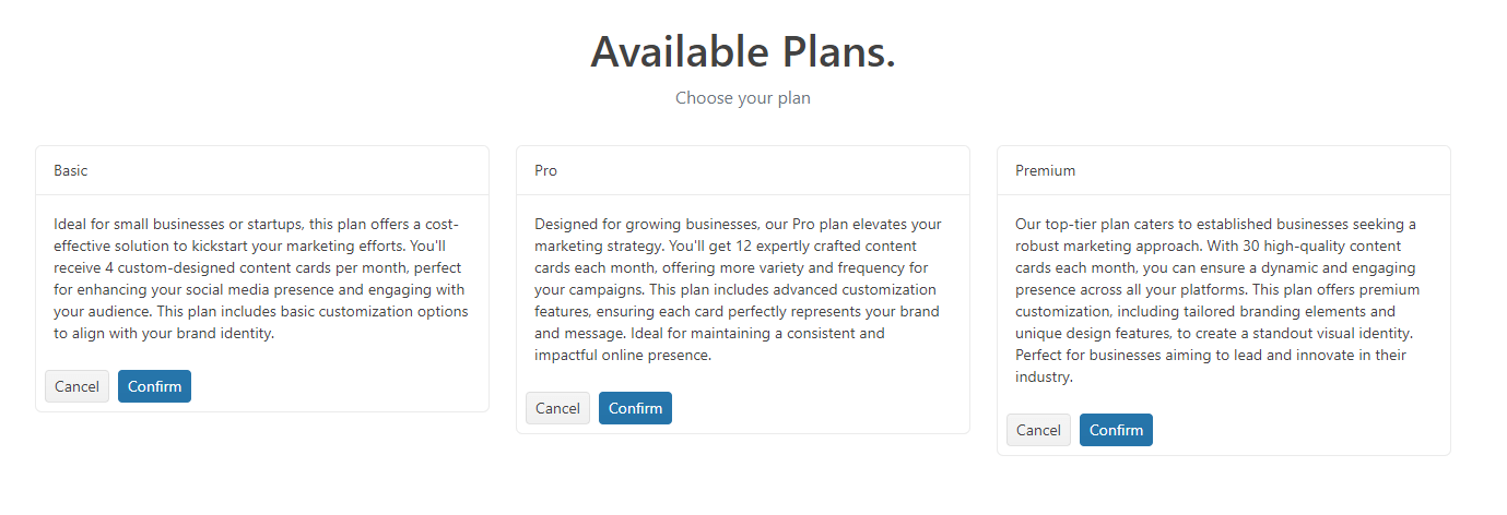 Available plans with three cards: Basic, Pro, Premium