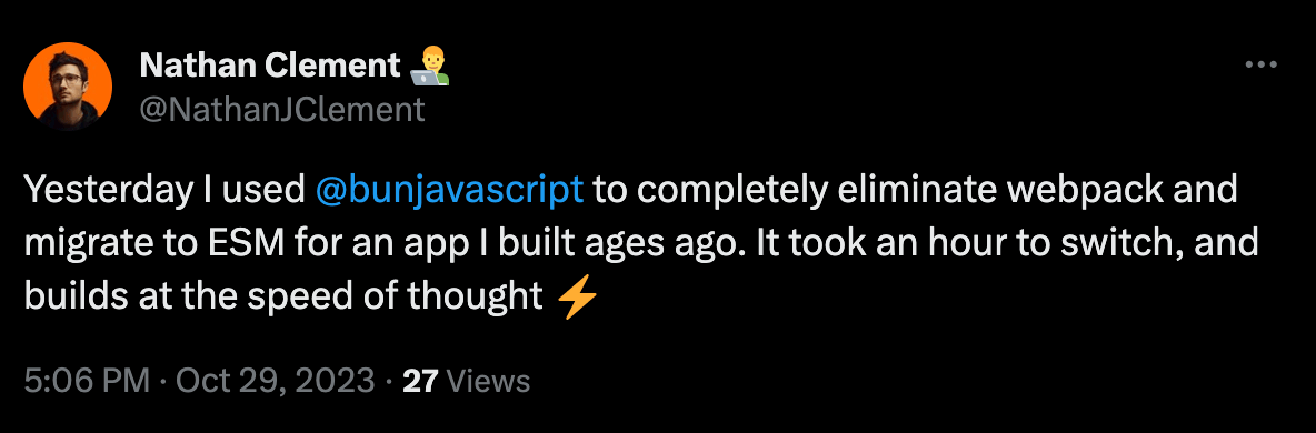 A screenshot of a Tweet by Nathan Clement about how he completely migrated his old app to use ESM in Just a few hours and how incredibly fast it became.