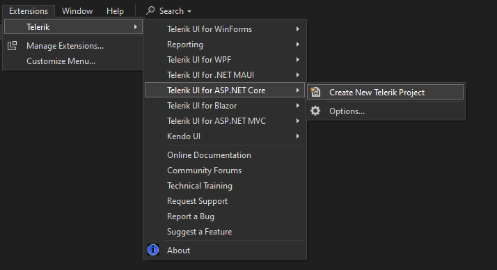 VS extensions tab - Telerik - Telerik UI for ASP.NET Core - Create New Telerik Project