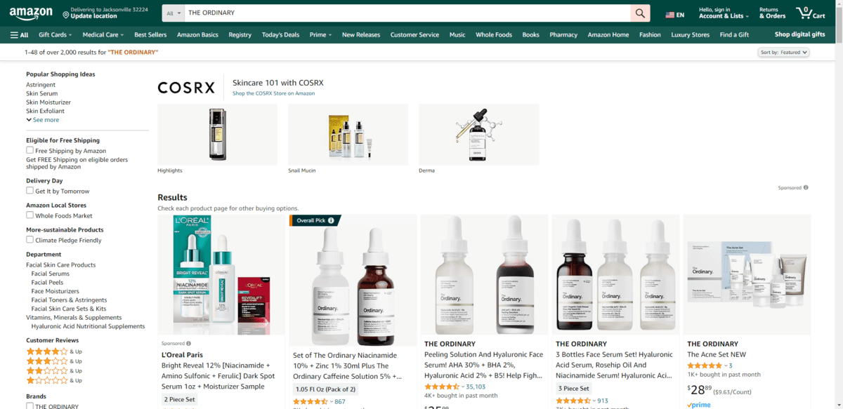 The Ordinary sells its products through Amazon. Here we see individual products as well as product sets that it sells through this ecommerce marketplace.