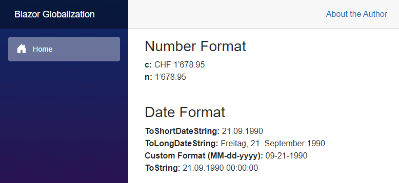A Blazor application with formatted numbers and dates.
