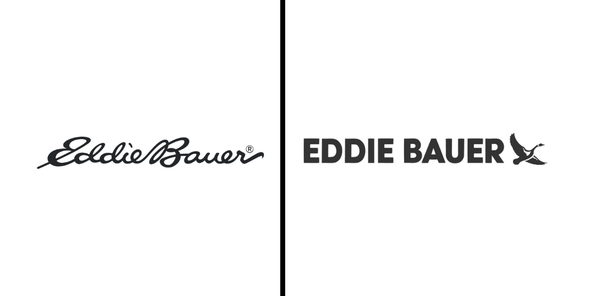 A comparison of the Eddie Bauer logo before 2023 and the logo from 2023 onwards. The pre-2023 design is the name of the company in cursive lettering. The 2023 redesign is the company name in big, thick blocky layers followed by a goose symbol.