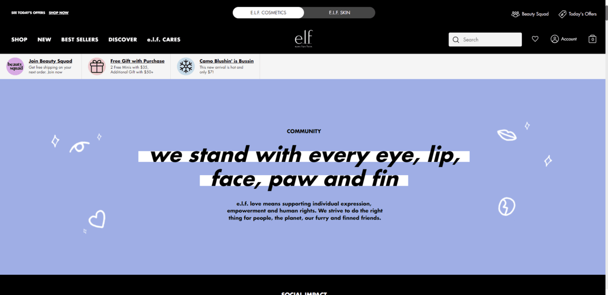 The top of the e.l.f. Cares page reads: “we stand with every eye, lip, face, paw and fin. E.l.f. Love means supporting individual expression, empowerment and human rights. We strive to do the right thing for people, the planet, our furry and finned friends.”