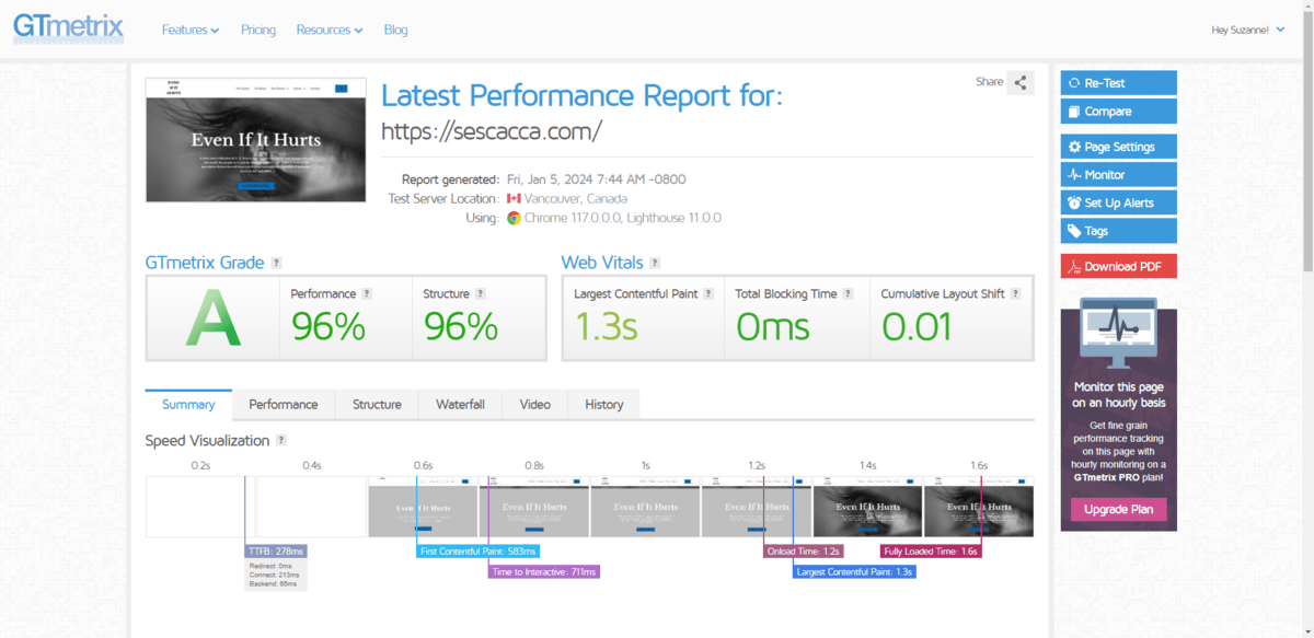 After running your website through the GTmetrix analyzer, you’ll receive a performance report. You’ll see a grade based on Performance and Structure. You’ll also see Web Vitals that tell you how quickly your website took to load. And in the Summary section is a visualization of your page loading.