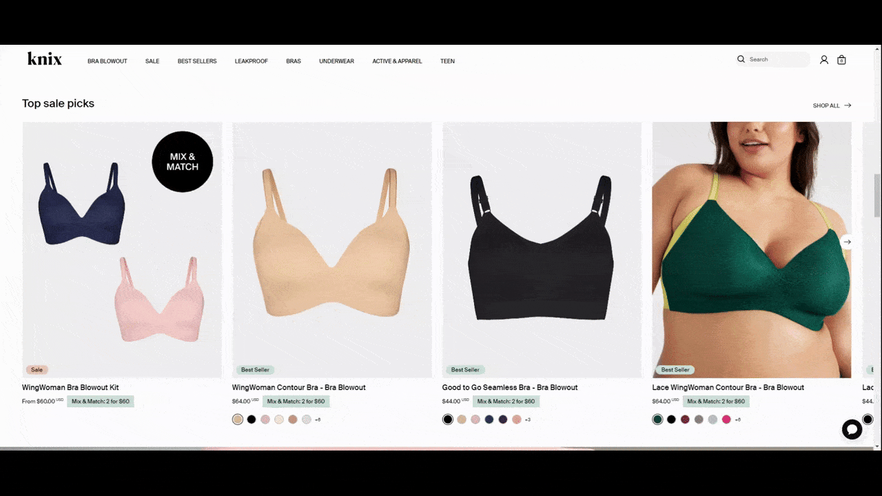 A GIF shows the Top sale picks on the Knix website. There are four products shown. When the user hovers over each, they see a different model appear. The first is a middle-aged blond woman. The second is a younger blond woman. The third is a young black woman. And the fourth is a young hispanic woman. Each has a different body type.