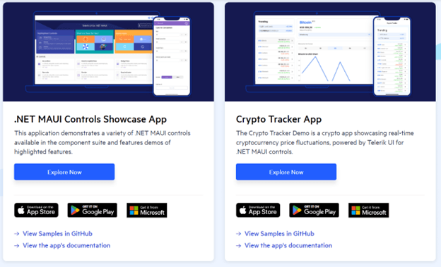 Demo apps include .NET MAUI Controls Showcase App and Crypto Tracker App