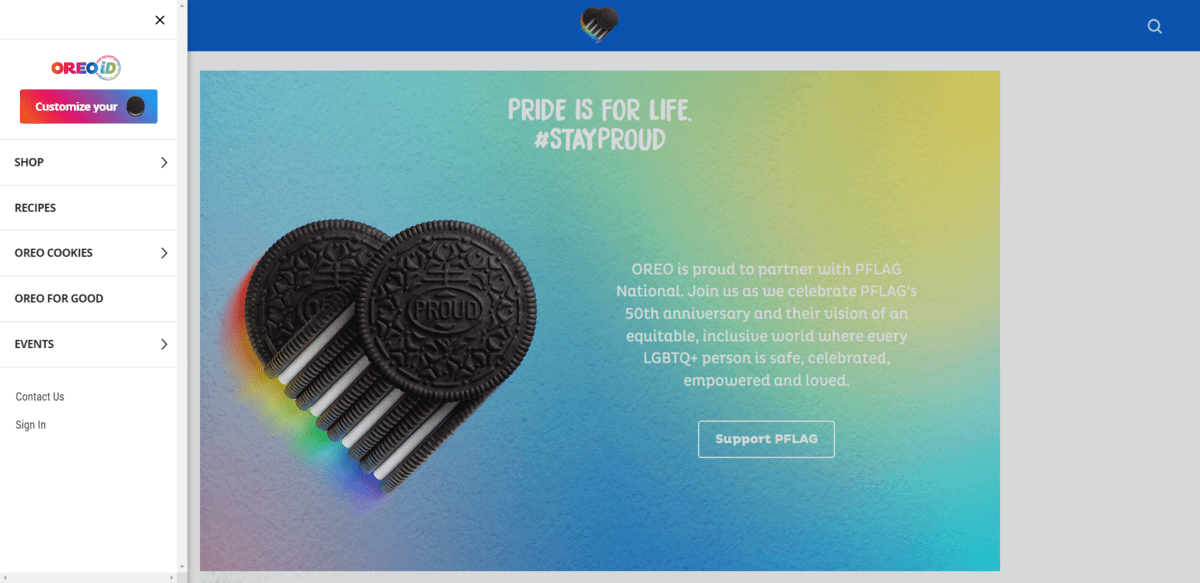 The OREO website has a link to OREO for Good which links out to a page with a heart-shaped stacked of OREOs on it. The page discusses its support for the Pride movement.