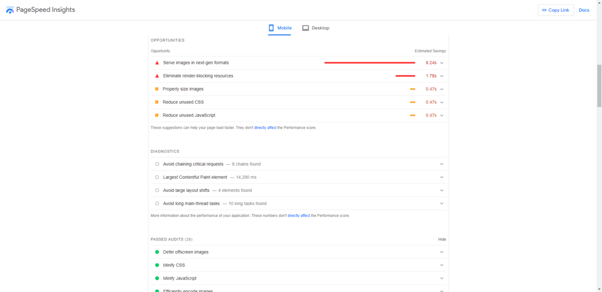 Under the “Opportunities” section of PageSpeed Insights, the tool lists high, medium, and low priority opportunities to improve page speed. Below that are diagnostics that point to problematic scripts and assets. Users will also find out which speed audits their website passed.
