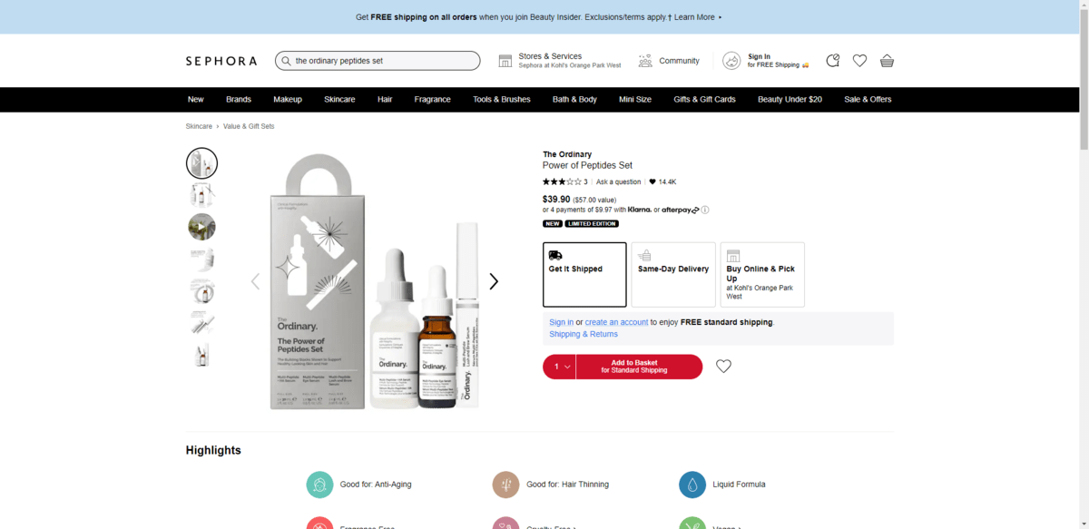 The Ordinary sells its products on the Sephora website. In this screenshot, we se the Power of Peptides Set being sold.