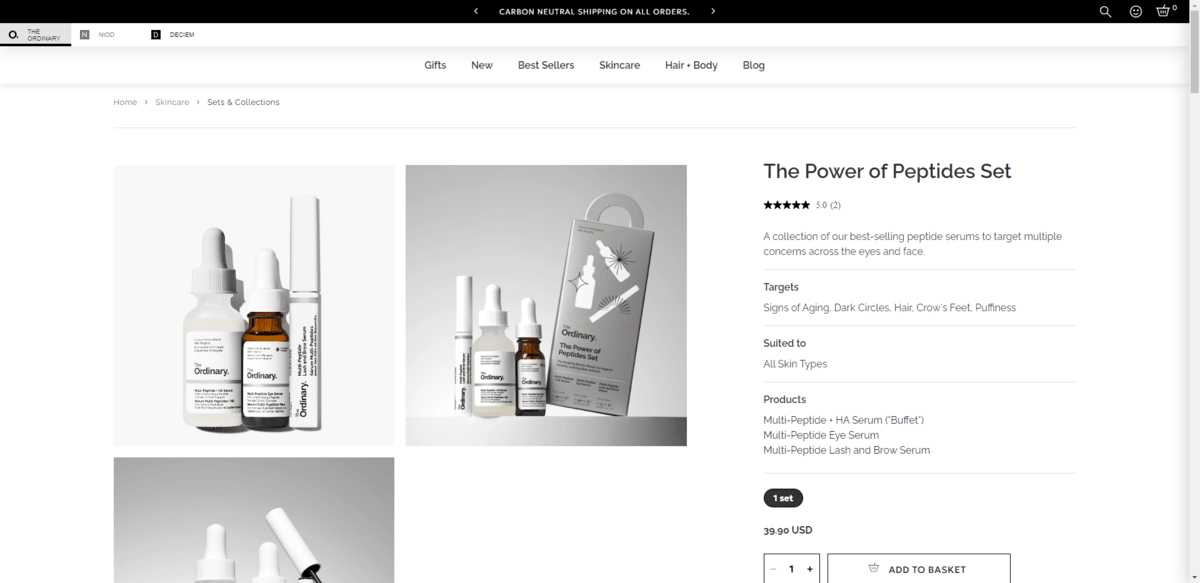 A product page on The Ordinary ecommerce website. This is for the Power of Peptides Set. It’s a collection of their best-selling peptide serum products.