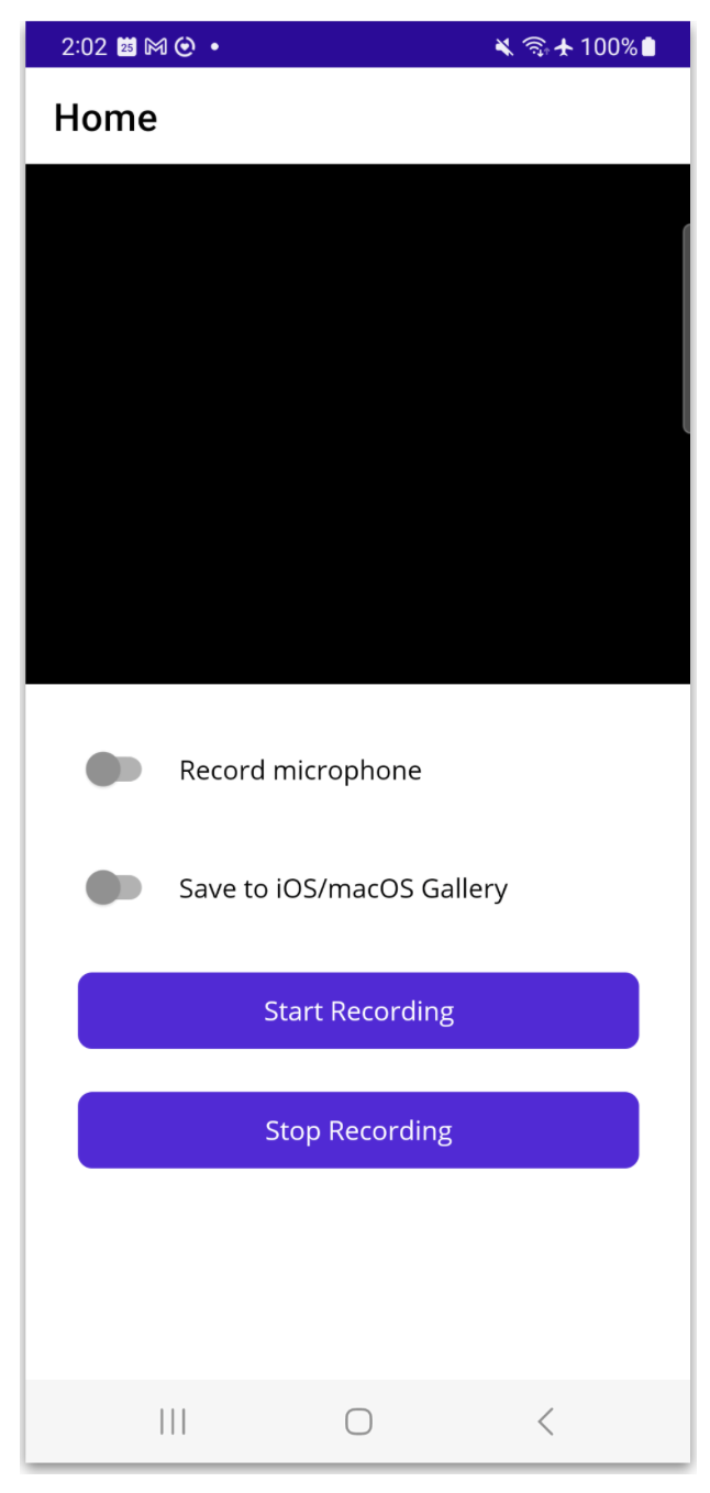 still of the UI shows place for video, record microphone toggle, save to iOS/macOS gallery toggle, start recording button, stop recording button