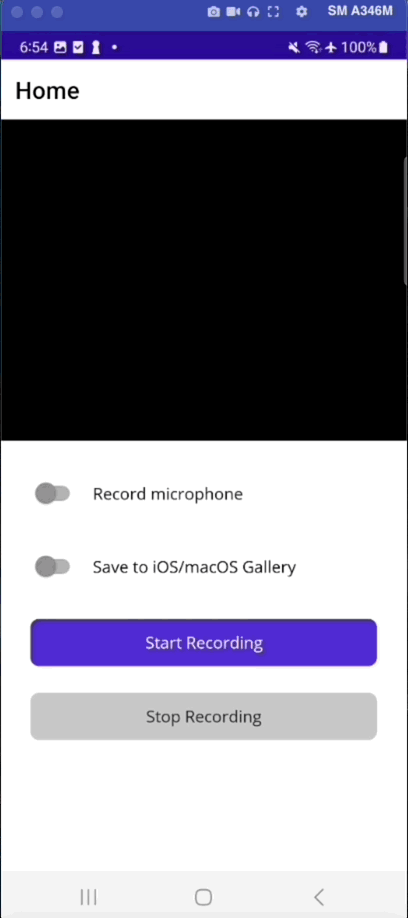 The screen recorder works, and a video file is created. The toggles work, and the start and stop buttons work