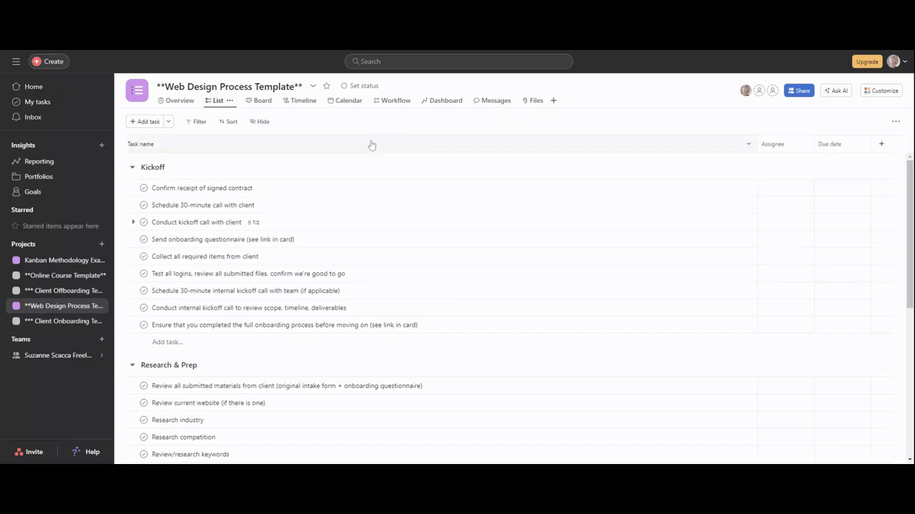 Within the Asana task management app, users have a choice of how they view their open tasks. In this example, we see how web design tasks are organized and scheduled using the List, Board, Timeline, Calendar, and Workflow views.