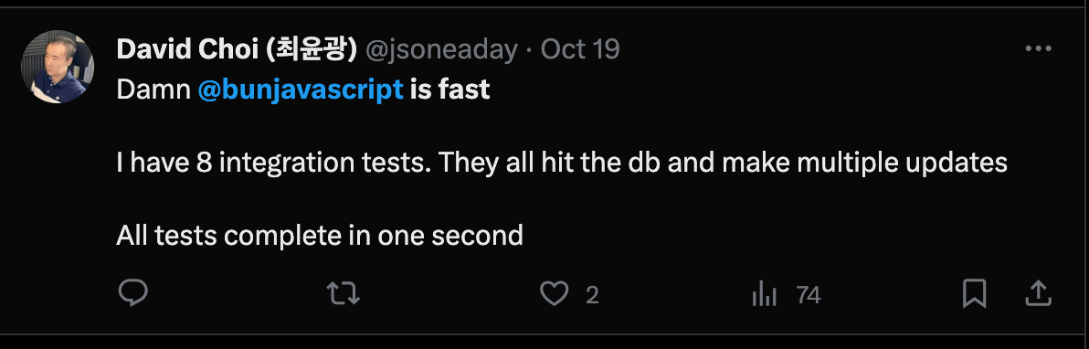 David Choi sharing his experience with Bun on X