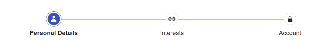 Three steps connect progressively with a line that turns from gray to blue: Personal Details, Interests, Account
