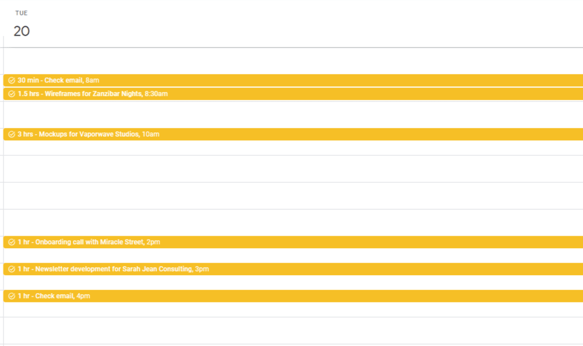 Within Gmail and Google Calendar, users can use the Task tool to add and manage tasks to their calendars. In this example, we see how a web designer can add tasks (and estimated times) for tasks like wireframes, mockups, onboarding calls, and newsletter development.