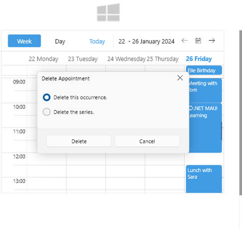 Scheduler with delete appointment dialog, available with mutli-windows