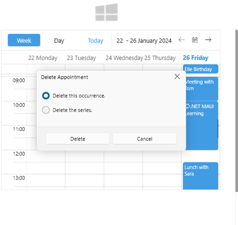 Scheduler with delete appointment dialog, available with mutli-windows