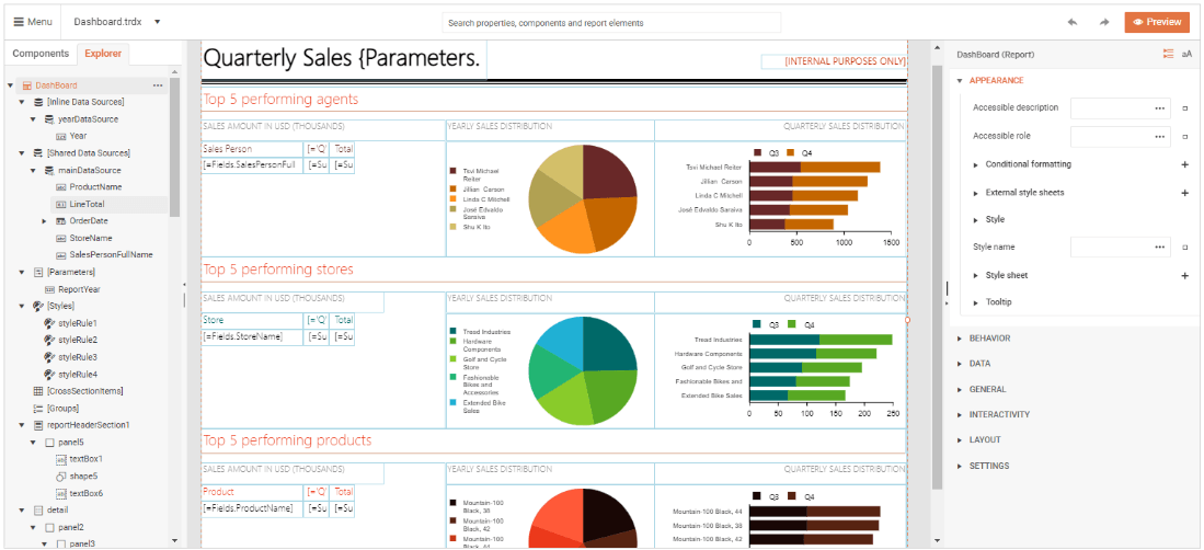 The editor view of the same report with a 'Preview' button in the top right