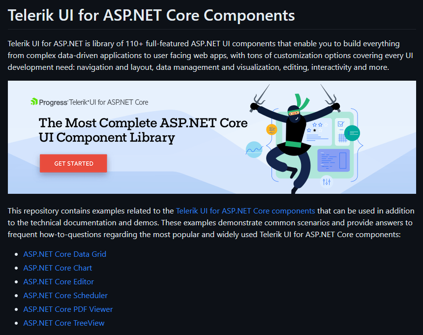 Screenshot of Progress Telerik UI for ASP.NET Core UI Component Libraary repo page. It lists components Data Grid, Chart, Editor, Scheduler, PDF Viewer, TreeView.