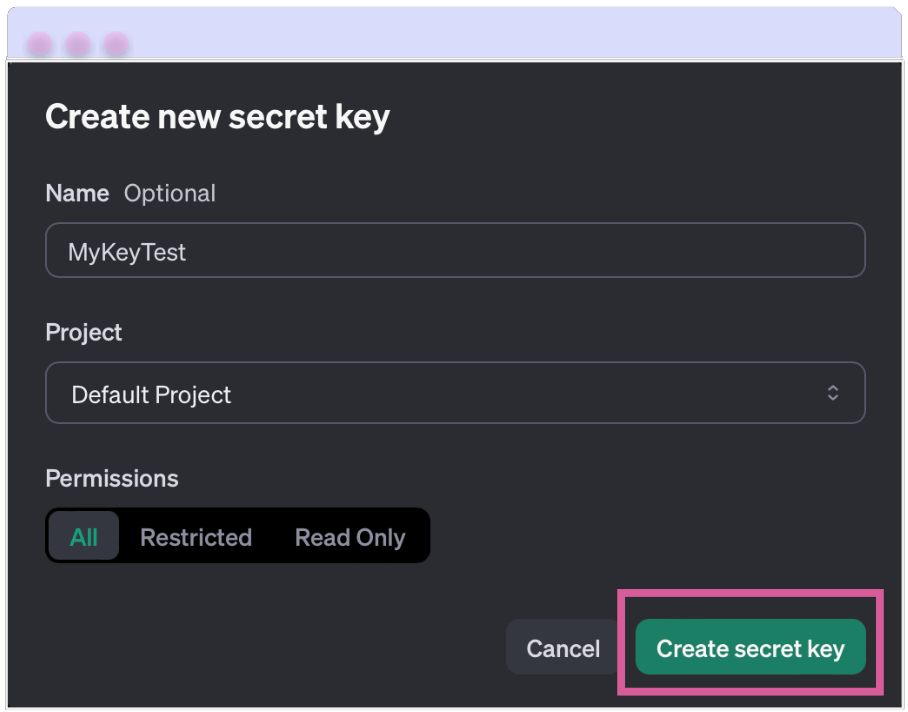 Create new secret key with name and project